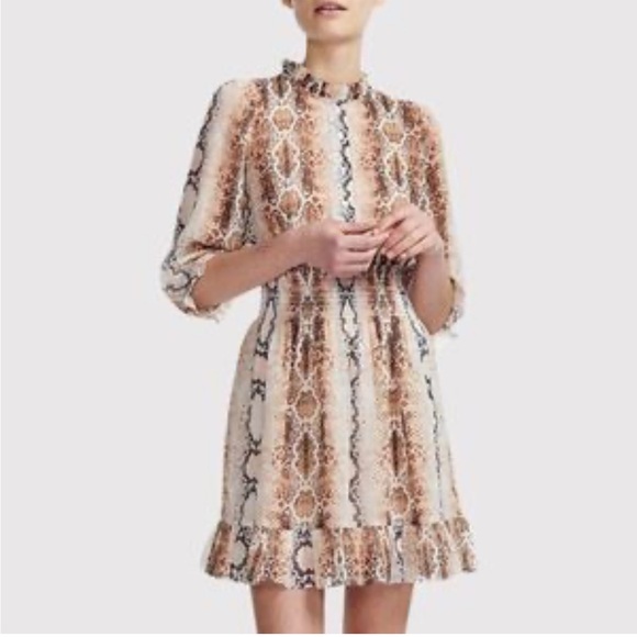 MAJE Women's Sheer Snake‎ Print Mini Dress Puff Sleeves Ruffle Button Up Size 2 - Picture 1 of 12